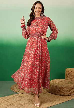Digital Printed Chiffon Midi Dress in Red