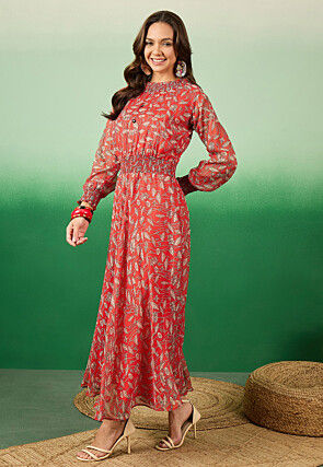 Digital Printed Chiffon Midi Dress in Red