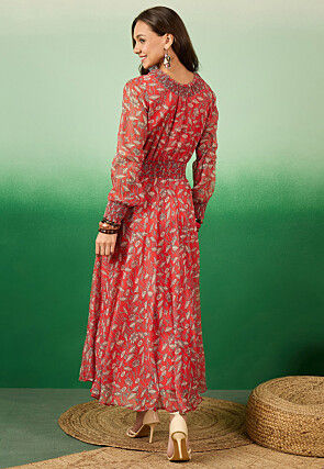 Digital Printed Chiffon Midi Dress in Red