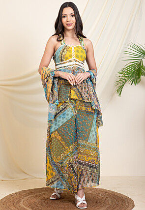 Digital Printed Chiffon Pakistani Suit in Blue and Mustard