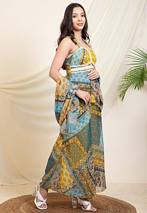 Digital Printed Chiffon Pakistani Suit in Blue and Mustard