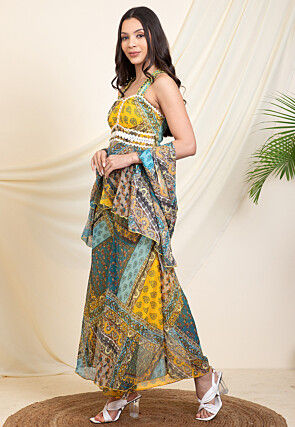 Digital Printed Chiffon Pakistani Suit in Blue and Mustard