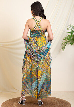 Digital Printed Chiffon Pakistani Suit in Blue and Mustard