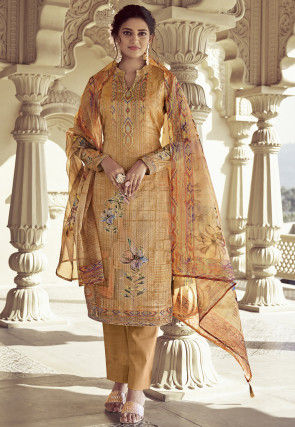 Digital Printed Chiffon Pakistani Suit in Light Mustard
