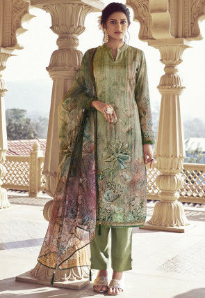 Digital Printed Chiffon Pakistani Suit in Light Olive Green
