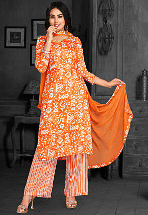Digital Printed Chiffon Pakistani Suit in Orange