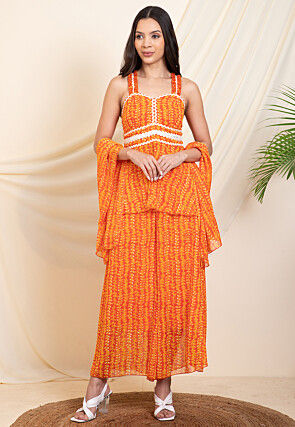 Digital Printed Chiffon Pakistani Suit in Orange