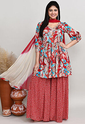 Digital Printed Chiffon Pakistani Suit in Red and Multicolor