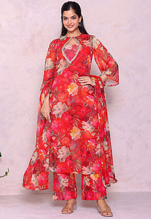Digital Printed Chiffon Pakistani Suit in Red