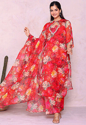 Digital Printed Chiffon Pakistani Suit in Red