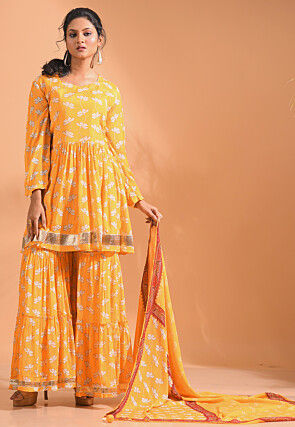 Digital Printed Chiffon Pakistani Suit in Yellow