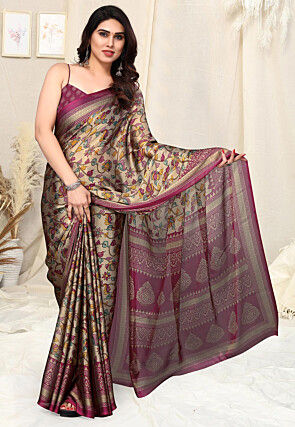 Digital Printed Chiffon Saree in Beige