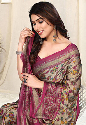 Digital Printed Chiffon Saree in Beige