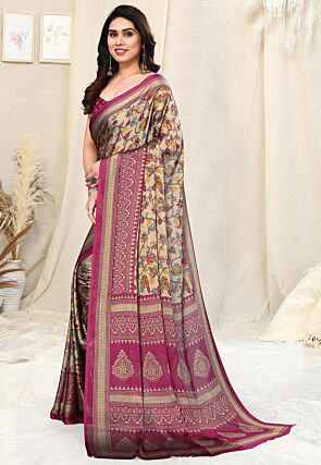 Digital Printed Chiffon Saree in Beige