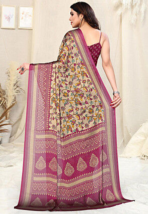 Digital Printed Chiffon Saree in Beige