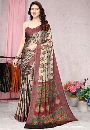 Digital Printed Chiffon Saree in Beige