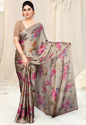 Digital Printed Chiffon Saree in Beige
