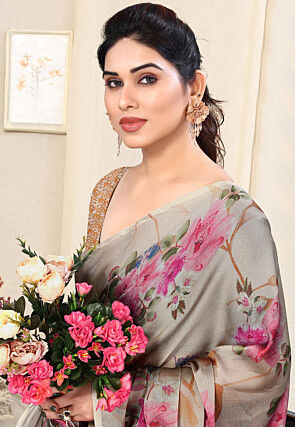 Digital Printed Chiffon Saree in Beige