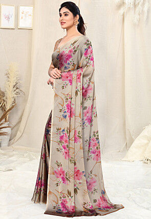 Digital Printed Chiffon Saree in Beige