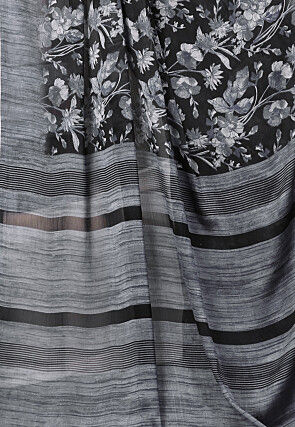 Digital Printed Chiffon Saree in Black and Grey