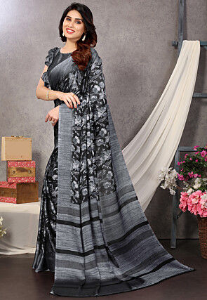 Digital Printed Chiffon Saree in Black and Grey