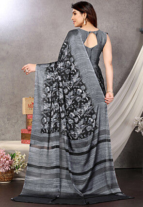 Digital Printed Chiffon Saree in Black and Grey