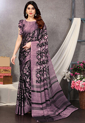 Digital Printed Chiffon Saree in Black and Purple