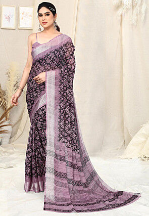Digital Printed Chiffon Saree in Black and Purple