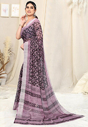 Digital Printed Chiffon Saree in Black and Purple