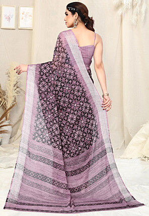 Digital Printed Chiffon Saree in Black and Purple