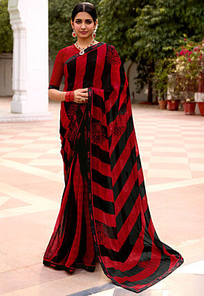 Digital Printed Chiffon Saree in Black and Red