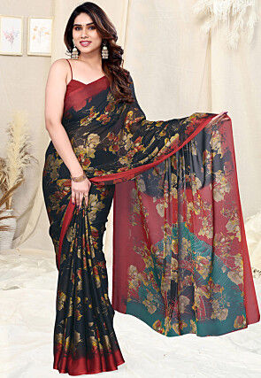 Digital Printed Chiffon Saree in Black