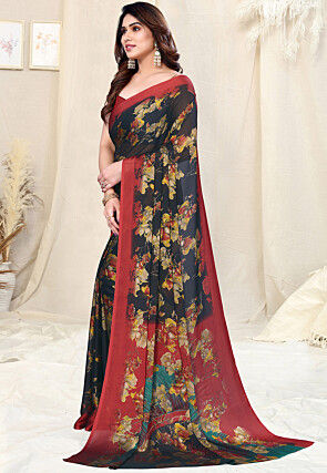 Digital Printed Chiffon Saree in Black