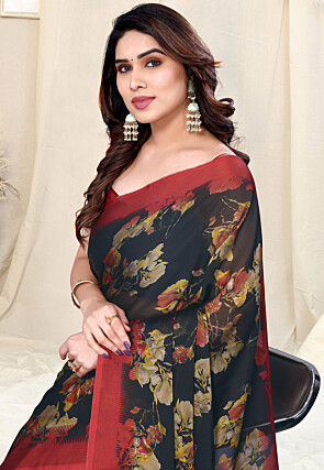Digital Printed Chiffon Saree in Black