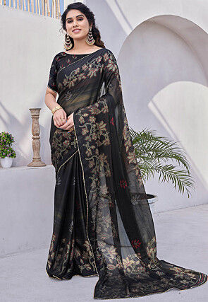 Digital Printed Chiffon Saree in Black