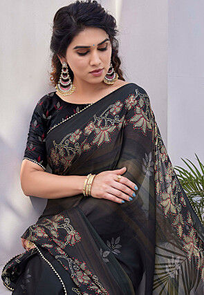 Digital Printed Chiffon Saree in Black
