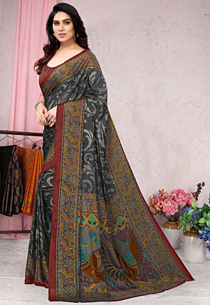 Digital Printed Chiffon Saree in Black