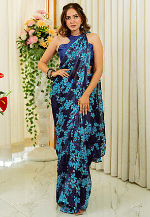 Digital Printed Chiffon Saree in Blue