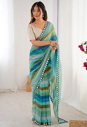 Digital Printed Chiffon Saree in Blue