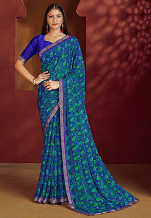 Digital Printed Chiffon Saree in Blue