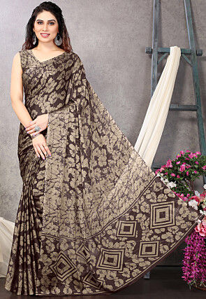 Digital Printed Chiffon Saree in Brown and Beige