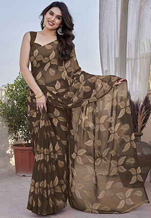 Digital Printed Chiffon Saree in Brown