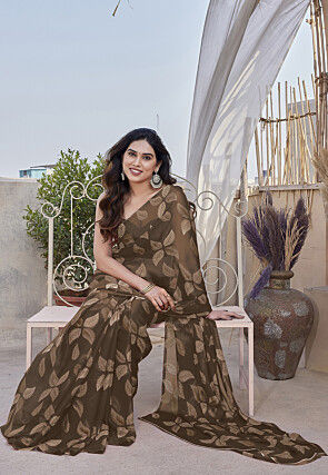 Digital Printed Chiffon Saree in Brown