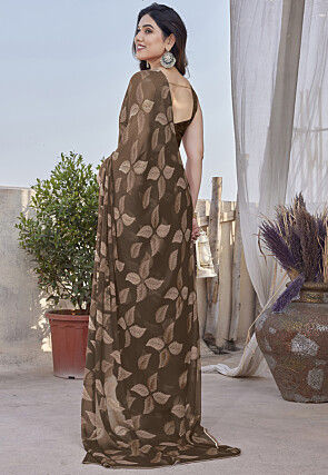 Digital Printed Chiffon Saree in Brown