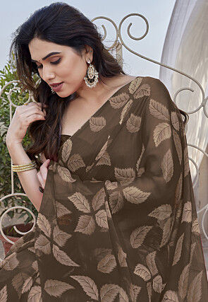 Digital Printed Chiffon Saree in Brown