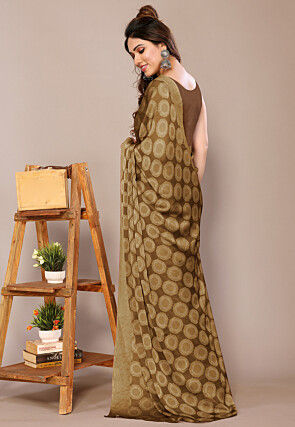 Digital Printed Chiffon Saree in Brown