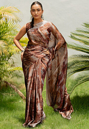 Digital Printed Chiffon Saree in Brown