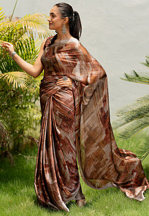 Digital Printed Chiffon Saree in Brown