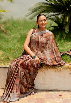 Digital Printed Chiffon Saree in Brown