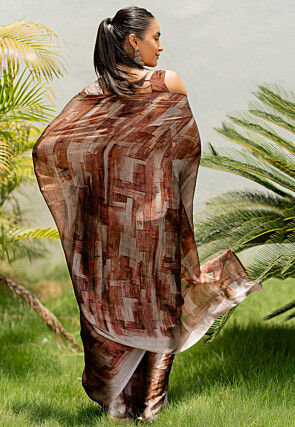 Digital Printed Chiffon Saree in Brown
